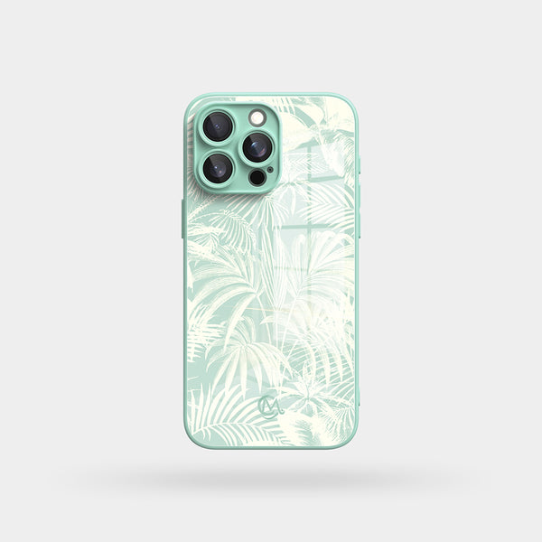 Light Cyan  Palm Trees - Macaron Tempered Glass iPhone Case